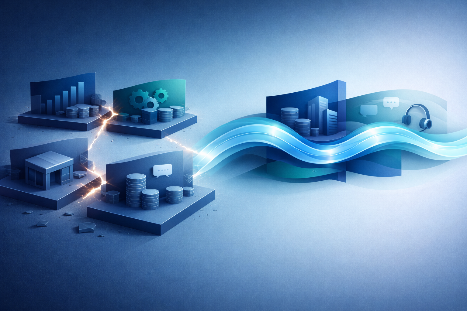 ORIS Solutions - Abstract illustration showing an end-to-end customer journey flowing seamlessly across sales, operations, finance, and customer service within an enterprise organization.