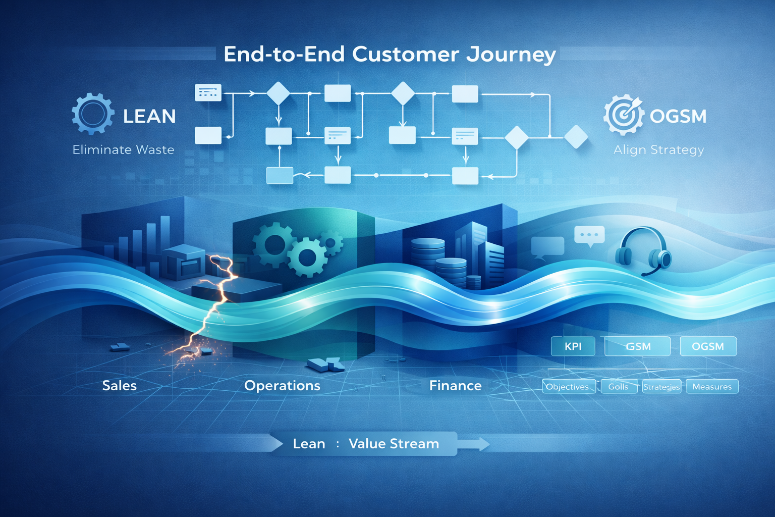ORIS Solutions - Infographic illustrating an end-to-end customer journey aligned with Lean value stream and OGSM strategic management across sales, operations, finance, and customer service.